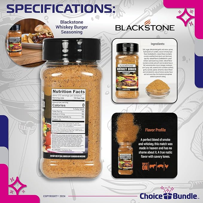 Blackstone Whiskey Burger Seasoning – Gourmet Griddle Premium Barbecue Rub 4 Pk (38.4 oz) + BBQ Masters &amp Opener (6 Items)!