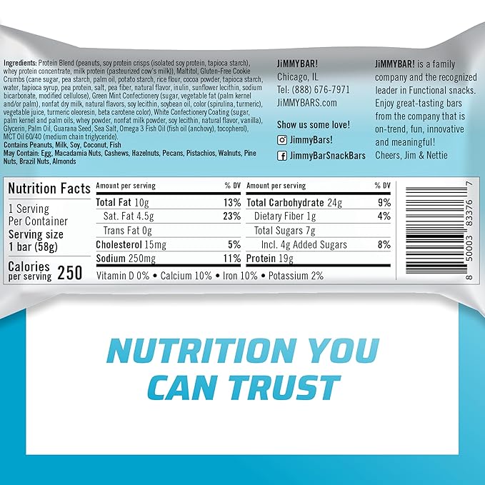 JiMMYBAR! Mint Cookies N Cream - 19g Protein Bars - 7g Low Sugar- 12 Count - 58g Health Bars - Functional Snack with Real Peanut Butter &amp Hand-Drizzled Chocolate Protein Bar