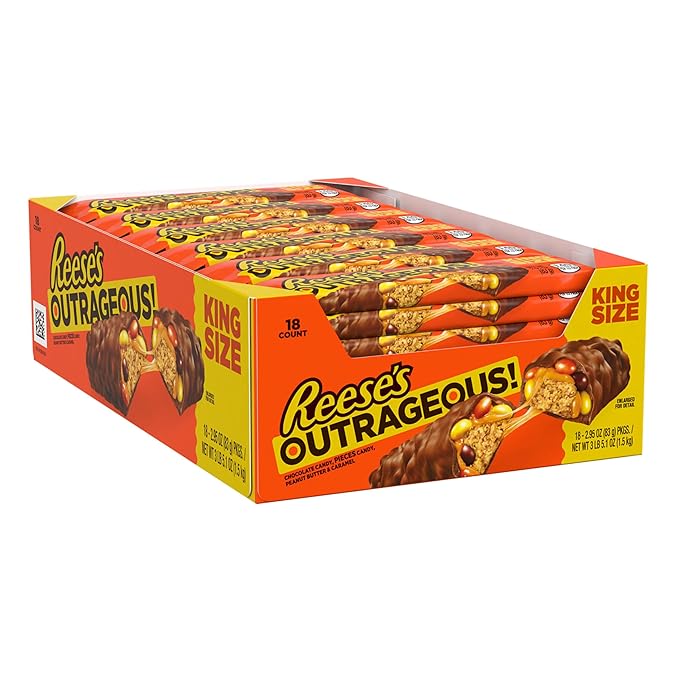 REESE'S OUTRAGEOUS! Peanut Butter Caramel and PIECES King Size Candy Bars 2.95 oz (18 Count)