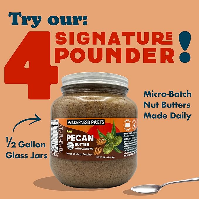Wilderness Poets Pecan Butter with Cashews - Organic &amp Raw (8 Ounce) - Glass Jar (Pack of 2)