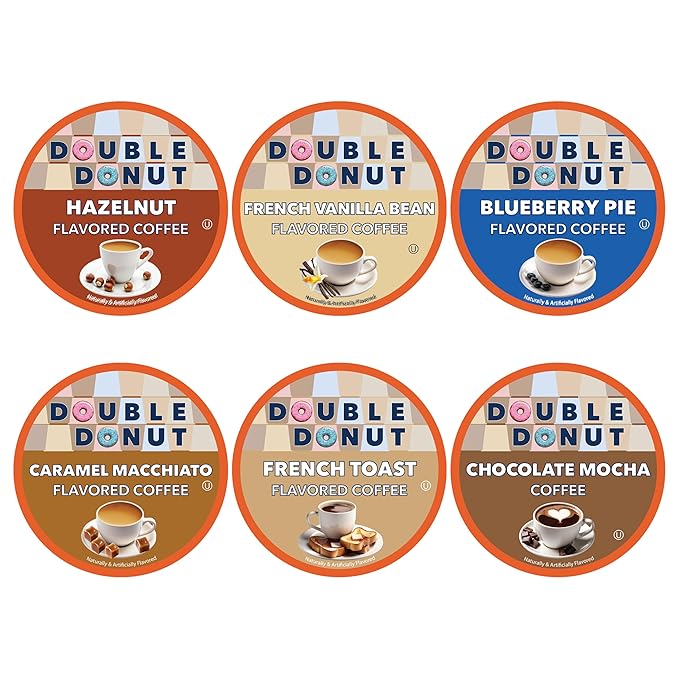 Double Donut Coffee Variety Pack Assorted Medium Roast Dark Roast &amp Flavored Coffee in Recyclable Single Serve Cup 66 Count
