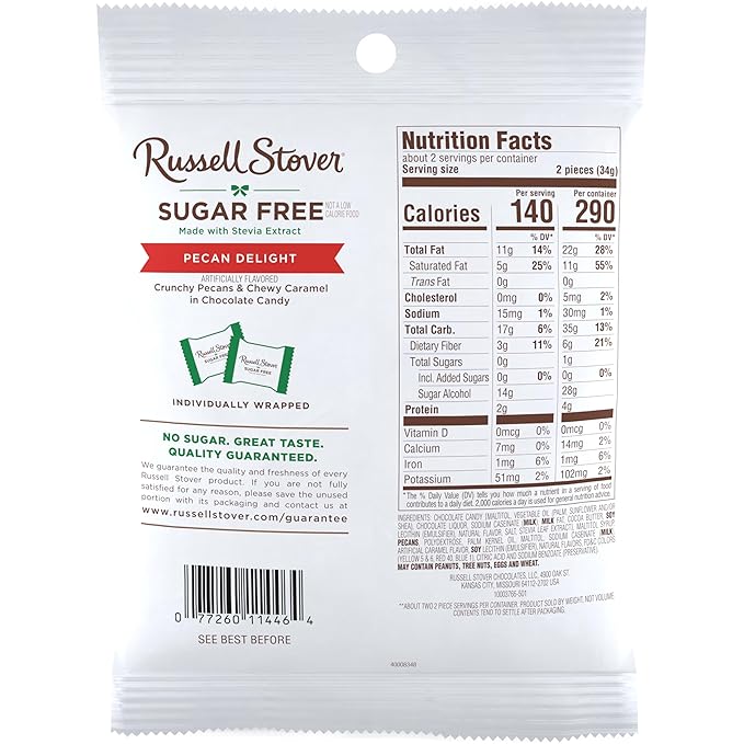 RUSSELL STOVER Sugar Free Pecan Delight Chocolate Candy 2.4 oz. bag (Pack of 10)