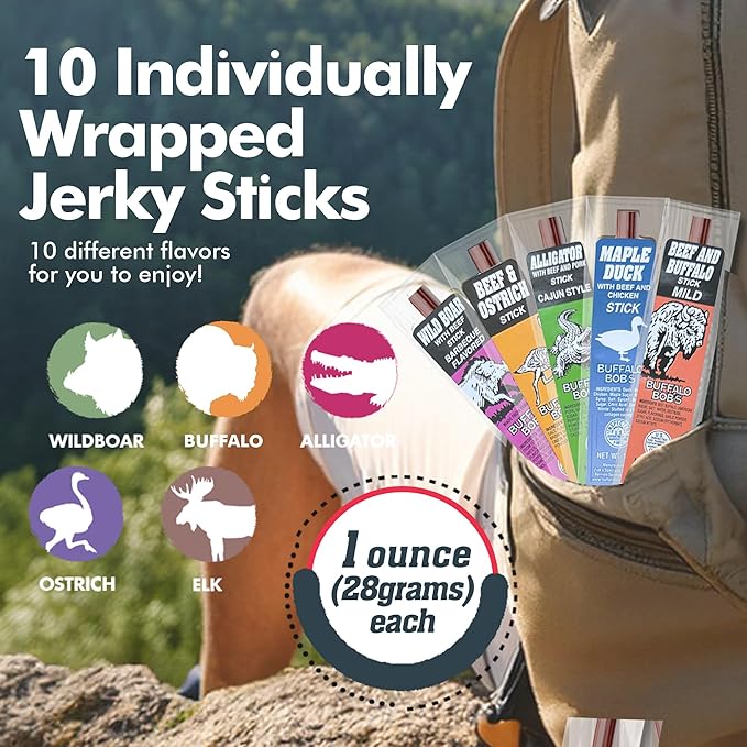 Jerky-n-Spice Wild Game Meat Sticks (10-Pack) | Ultimate Exotic Snacks | Beef Jerky Gifts for Men | Delicious Jerky Variety Pack Ideal for Anniversary Camping Hunting &amp Birthday Events