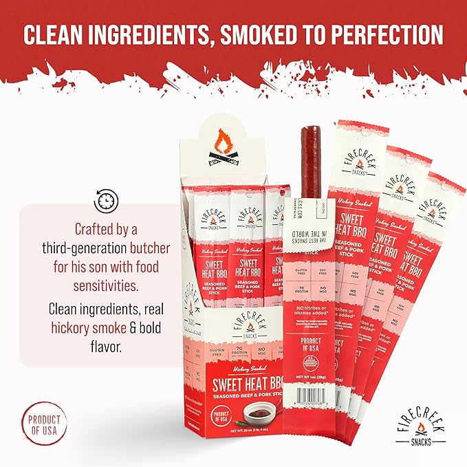FireCreek Snacks Beef Sticks (Jerky Sticks) Hickory Smoked Beef &amp Pork Meat Sticks 20 Pack (1 oz) 7g Protein Gluten Free Soy Free No MSG Sweet Heat BBQ