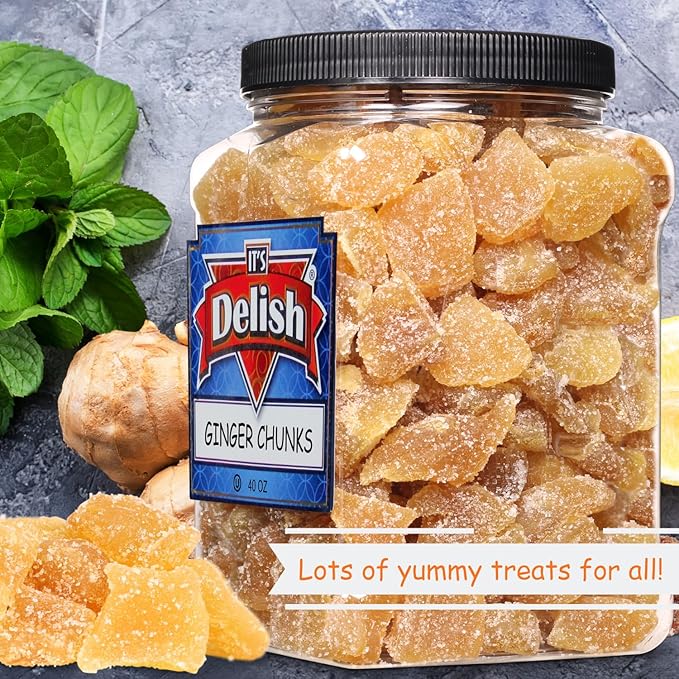 Crystallized Ginger Chunks by It's Delish 2.5 Lb Jumbo Reusable Container | Candied Dried Ginger Fruit Chews Natural Candy Ginger Root with Sugar Crystals Unsulphured - Healthy Snack Vegan Kosher