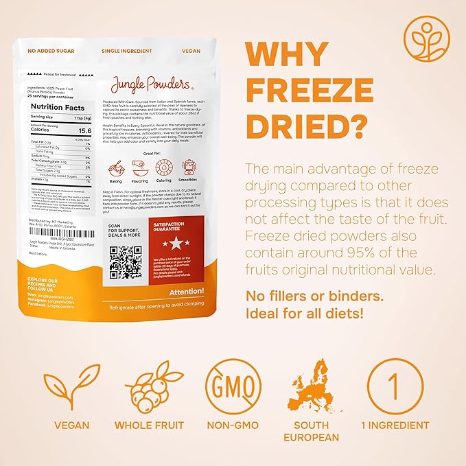 Jungle Powders Freeze Dried Peach Powder 3.5 Ounce Bag Powdered Peaches Peach Powder for Baking Peach Flavoring Freeze Dried Fruit Powder No Sugar Added Filler Free Dehydrated Peaches