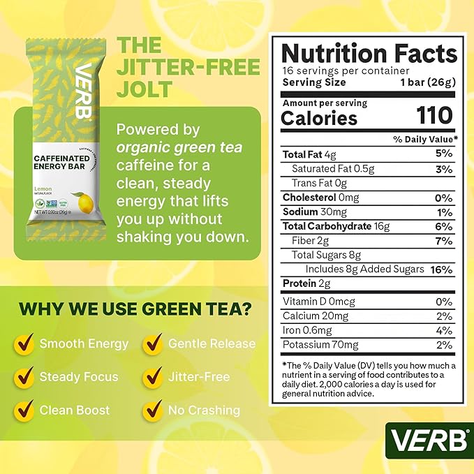 Verb Caffeinated Energy Bars Lemon (26g Pack of 16) 110-Calorie Delicious Low Sugar Energy Bar - Vegan Gluten Free On-the Go Snack with 80mg Green Tea Caffeine Only Real-Food Ingredients