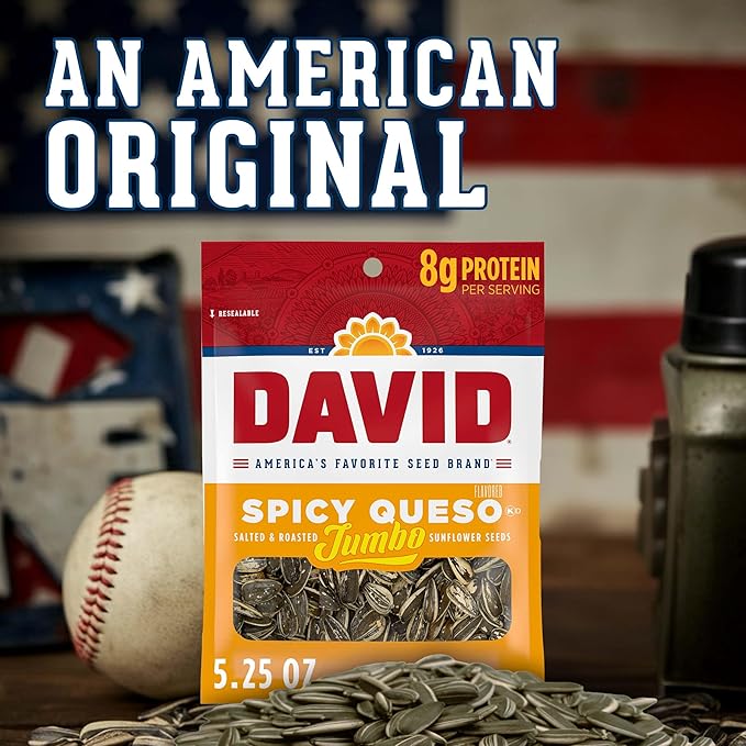 DAVID Roasted and Salted Spicy Queso Jumbo Sunflower Seeds Keto Friendly 5.25 oz 12 Pack
