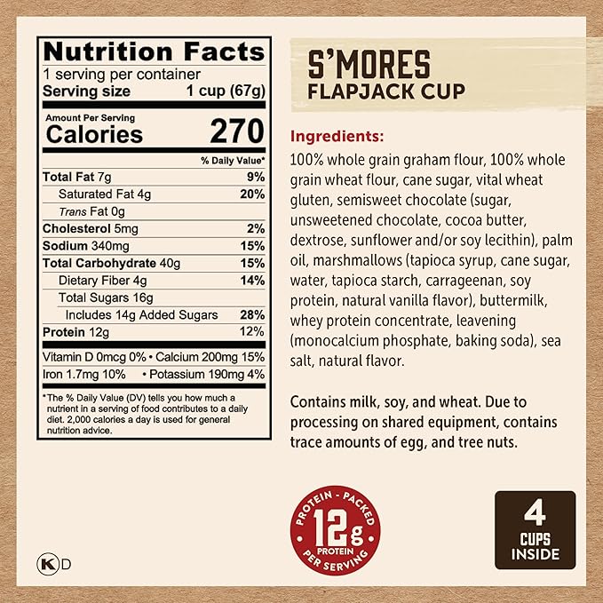 Kodiak Cakes Protein Pancake On The Go Flapjack Cups Mix Buttermilk Chocolate Chip &amp S’mores Variety Pack