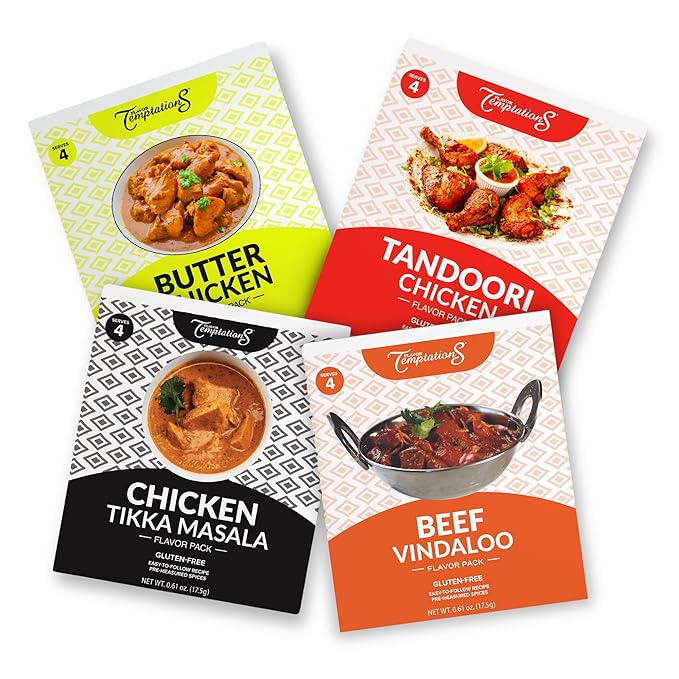 TIKKA MASALA BUTTER CHICKEN TANDOORI CHICKEN BEEF VINDALOO INDIAN FOOD SPICES Beginner Seasoning Set by Flavor Temptations. Gluten free Salt free. 4 Packs (Total 16 Servings)