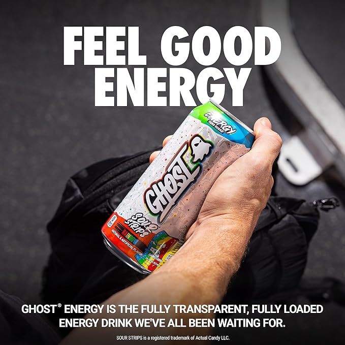 GHOST Energy Drink - 12-Pack Sour Strips Rainbow 16oz Cans - Energy &amp Focus &amp No Artificial Colors - 200mg of Natural Caffeine L-Carnitine &amp Taurine - Gluten-Free &amp Vegan