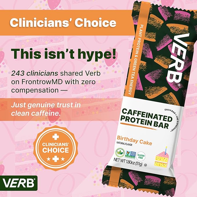 Verb Energy - Caffeinated Protein Bars Birthday Cake 10g Plant Based Protein Bars High Protein - Vegan Snack - Gluten Free Breakfast Snack with Organic Green Tea 51g (Pack of 12)