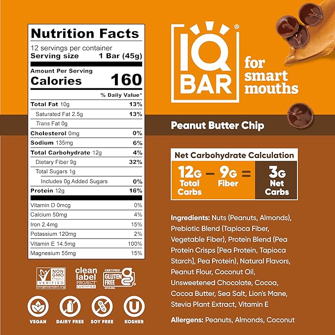 IQBAR Clean Plant Protein Bars - Peanut Butter Chip - 12 Count - Keto Vegan High Fiber Gluten and Dairy Free Low Sugar Snack - Brain and Body Nutrients for Focus Energy Meal Replacement