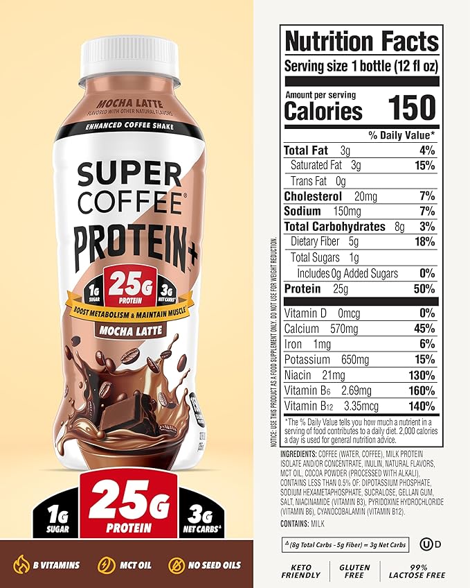 SUPER COFFEE Protein+ Keto Protein Coffee (0g Added Sugar 25g Protein 150 Calories) [Mocha] 12 Fl Oz 24 Pack | Iced Smart Coffee Drinks