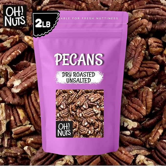 Oh! Nuts Pecans Dry Roasted Unsalted - Kosher Oil-Free All Natural Pecans - For Baking Snacks Salad Dressing - Packed in 2 LB Resealable Bulk Bag