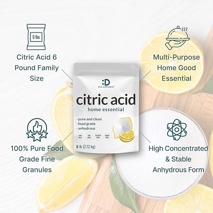 Citric Acid 6 Pounds | Fine Granular Powder Food Grade Bulk Supply – Potent Anhydrous Form – Versatile Flavor Enhancer Preservative Cleaning &amp Homemade Bath Bombs – Additive Free Non-GMO