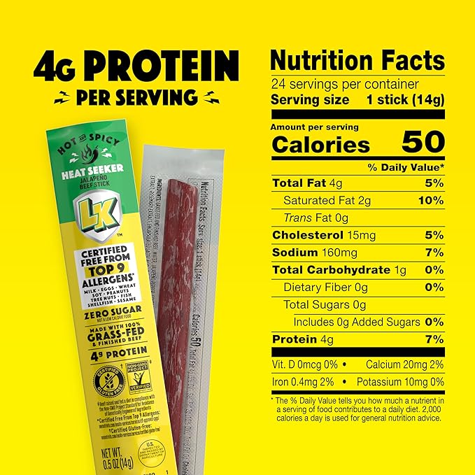 Lorissa's Kitchen Heat Seeker Jalapeno Mini Beef Sticks - (Pack of 24) 0.5 oz Meat Sticks - Ready to Eat Protein Snacks - Free from Top 9 Allergens - Made with Grass-Fed &amp Finished Beef - Zero Sug