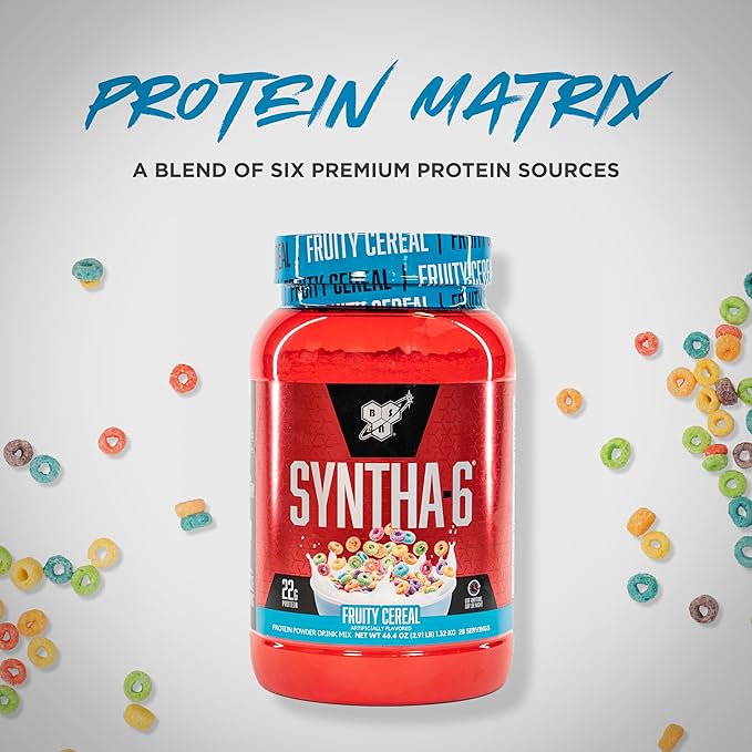 BSN SYNTHA-6 Premium Protein Powder with 6g of Fiber Whey Isolate Micellar Casein Milk Protein Isolate 5g of Fat Fruity Cereal 28 Servings 2.91 Pound (Packaging May Vary)