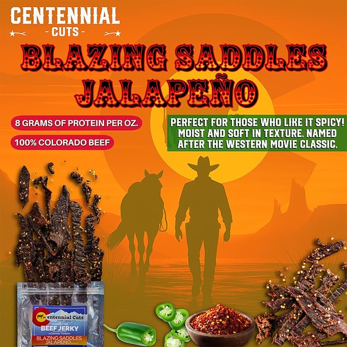 Centennial Cuts Beef Jerky – Blazing Saddles Jalapeño – High Protein Bold Jalapeño Flavor – 7 oz Snack