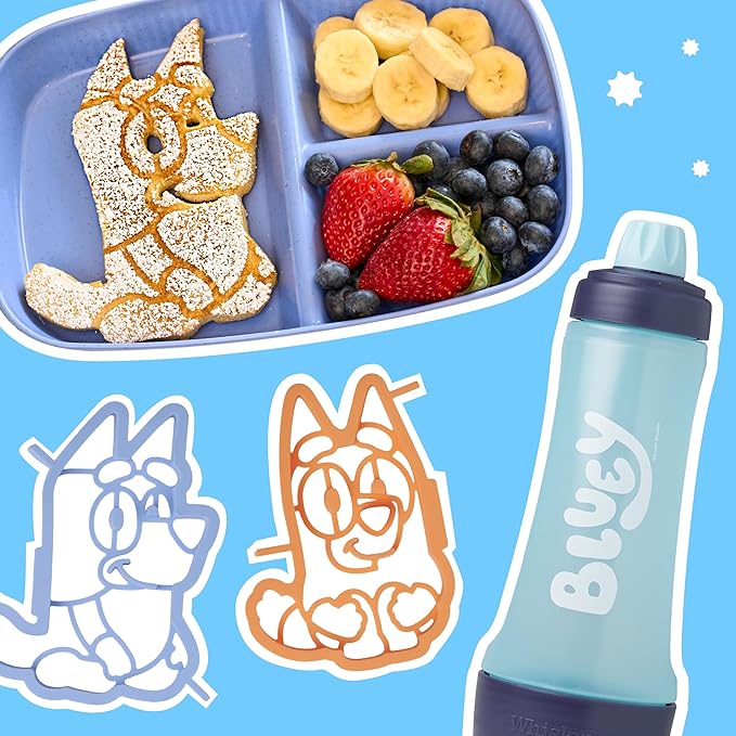 Whiskware Bluey Pancake Art Kit 1 Batter Bottle 2 Silicone Bluey and Bingo Pancake Molds and 1 BlenderBall Wire Whisk Durable No-Mess Breakfast BPA Free Dishwasher Safe