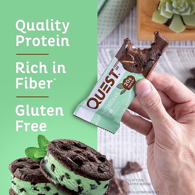 Quest Mint Chocolate Chunk Protein Bars High Protein Low Carb Gluten Free Keto Friendly 12 Count and Peanut Butter Chocolate Chip High Protein Cookie Keto Friendly Low Carb 24.5 Oz 12 Count