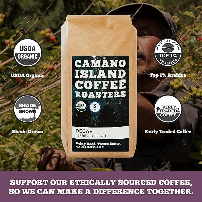 Camano Island Coffee Roasters Decaf Espresso Blend Whole Bean 12oz Fresh Dark Roast Swiss Water Processed USDA Organic Fairly Traded Shade Grown Top 1% Arabica Sweet Molasses Mixed Berry Flavor