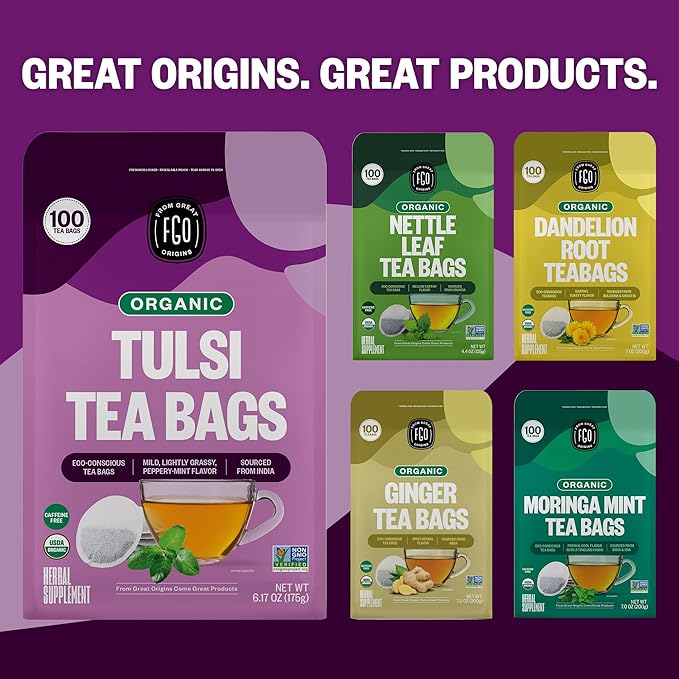 FGO Organic Tulsi Holy Basil Tea 100 Count Eco-Conscious Herbal Tea Bags Resealable Bag Caffeine Free Packaging May Vary (Pack of 1)