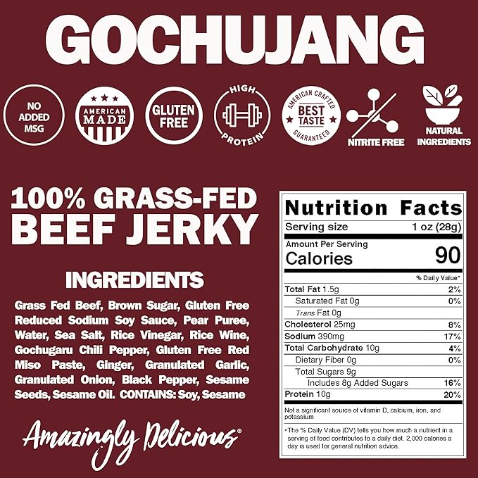 Field Trip Grass Fed Beef Jerky Healthy Gluten Free Snacks All Natural Paleo-Friendly Beef Jerky High Protein Low Carb Snack with No Nitrates 1oz Bag 12 Pack Gochujang Korean BBQ