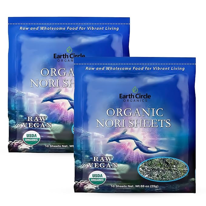 Earth Circle Organics | Organic Nori Seaweed Sheets - Raw Unheated &amp Not Roasted | Grade A Certified | Vegan Paleo Keto Friendly | Premium Nori for Sushi Rolls &amp Wraps (10 Sheets 2 Pack)