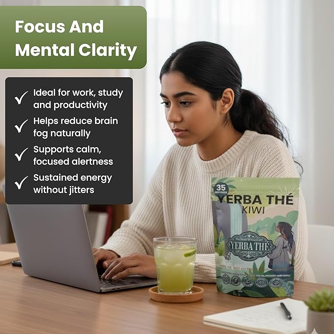 Ancient Diosa Yerba Mate Powder - Clean Energy &amp Focus - Organic Yerba Mate Tea 350g - Supports Gut Health with Probiotics &amp Prebiotics Brain Fog Relief Focus &amp Relaxation - Kiwi Flavor