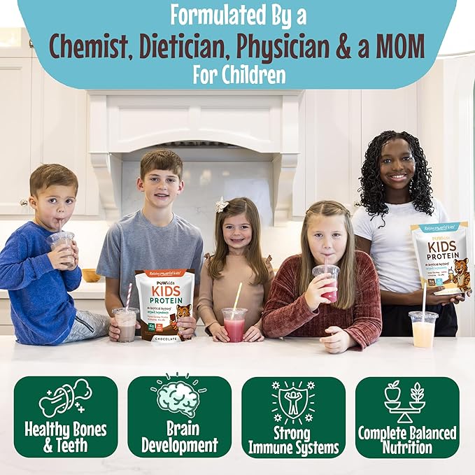 Kids Protein Shake Powder 16g – No Added Sugar Organic Ingredients Grass-Fed Whey Proteins – Calcium &amp Choline for Bone Strength &amp Brain Development Protein Shake – Vanilla