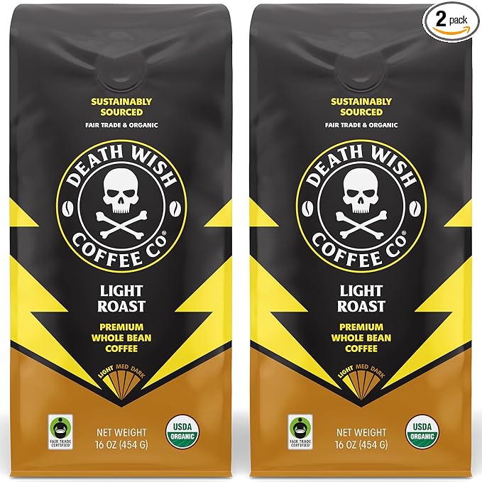 Death Wish Coffee - Light Roast Whole Bean Coffee Organic and Fair Trade (2 pack)