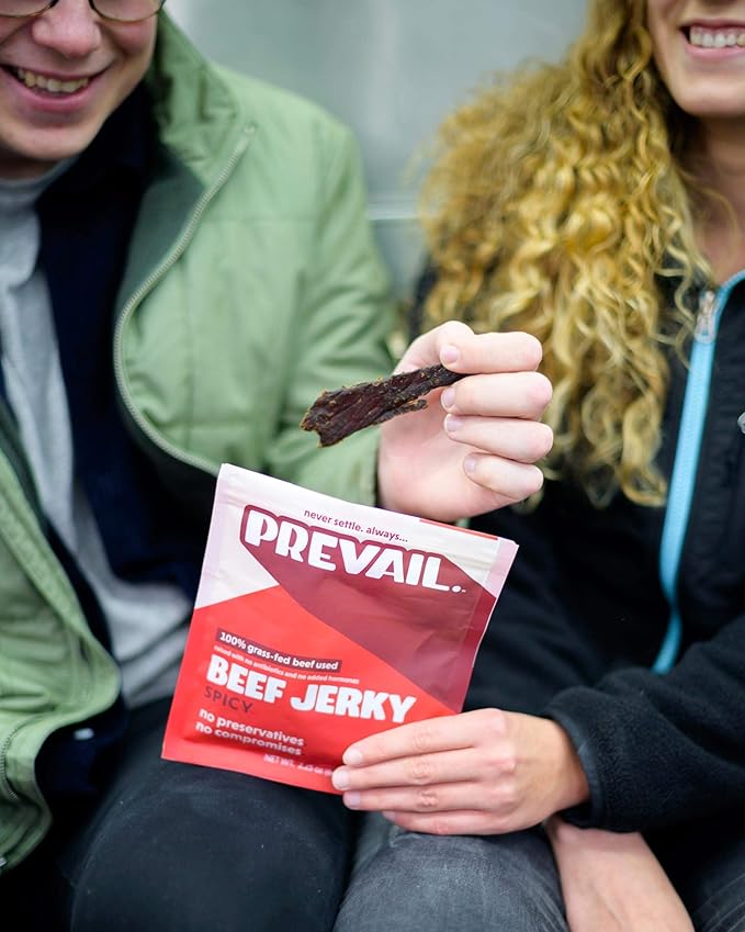 PREVAIL Spicy Grass-Fed Beef Jerky | SOY FREE | 100% Grass-Fed | Gluten Free Snacks | High Protein Snacks | Free of Preservatives | No GMO's | Pack of (3) Bags | 2.25oz