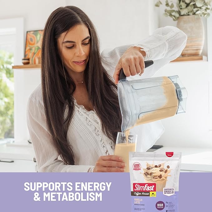 SlimFast High Protein Meal Replacement Powder Caffeine Protein Powder Energizing Protein Mix Vitamin and Mineral Blend Gluten Free Coffee Flavored Protein Powder Vanilla Latte 21 Servings