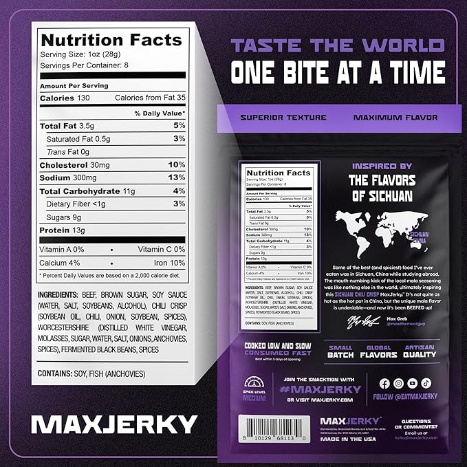 MaxJerky Sichuan Chili Crisp Beef Jerky 104 Grams of Protein 8 OZ (2 Pack)