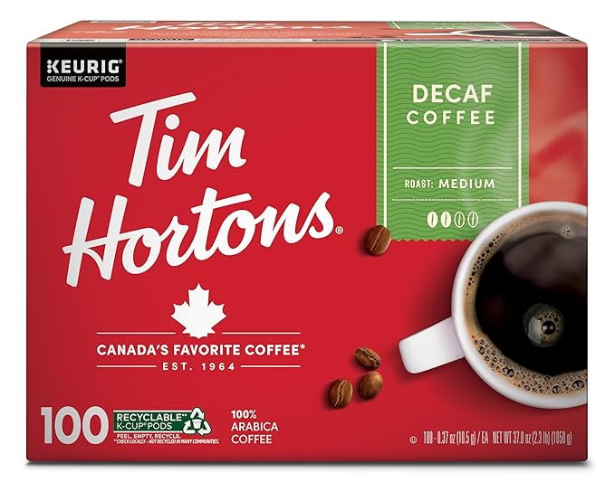 Tim Hortons Decaf Medium Roast Coffee Single-Serve K-Cup Pods Compatible with Keurig Brewers 100ct K-Cups