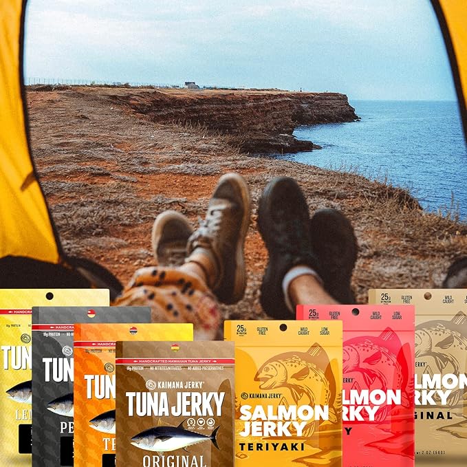 Kaimana Jerky Ahi Tuna &amp Salmon Sampler Pack - All Natural &amp Wild Caught Fish Jerky. Made in USA. 23g Protein Omega-3's and Low Sugar