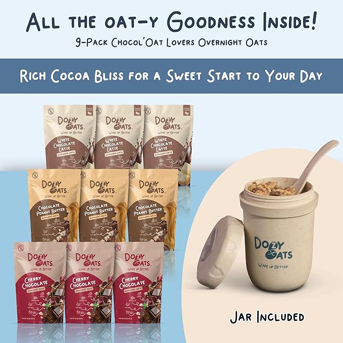 Dozy Oats Overnight Oatmeal Packets Chocol'oat Lover’s Variety Box with Rolled Oats Chia Seeds and Date Powder. Gluten-Free Natural Source of Protein and Fiber 9-Pack and Jar