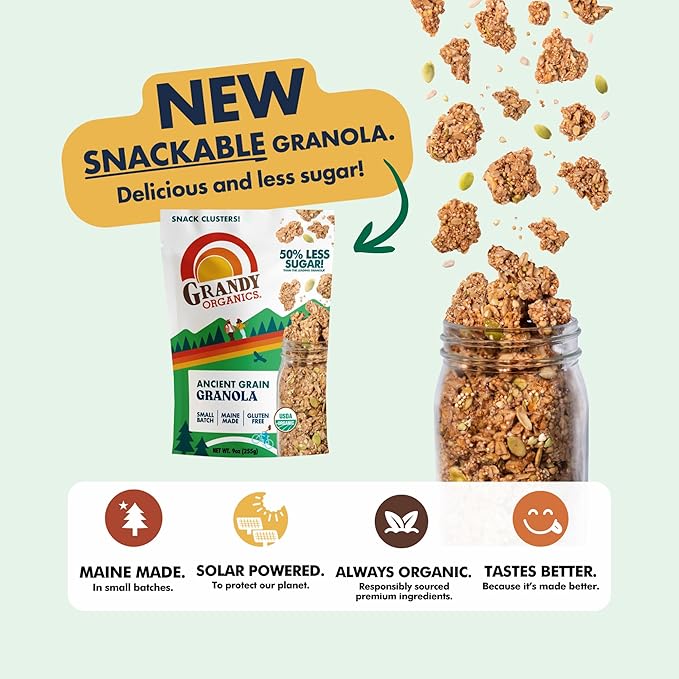Grandy Organics Ancient Grain Granola - 6g Protein Snackable Granola Clusters - Whole Grain Low Sugar Gluten Free Non-GMO Certified Organic Healthy Snacks - Pack of 6