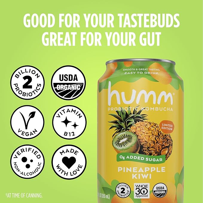 Humm Whole30 Approved Kombucha Pineapple Kiwi Organic Vegan &amp GMO Free (12 Pack)