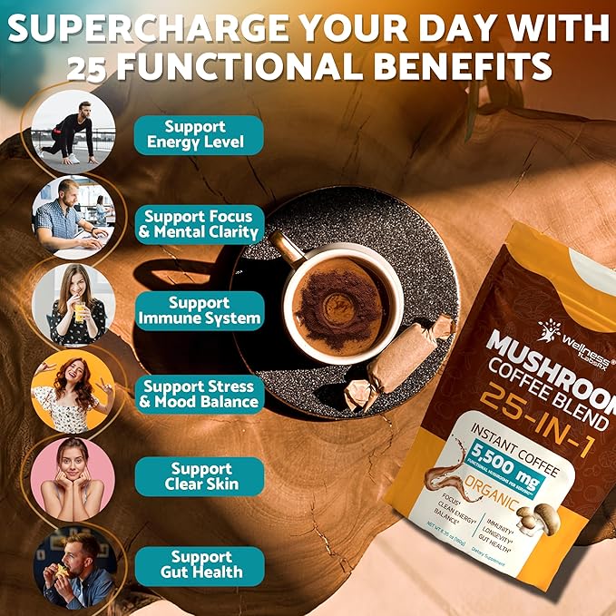 Mushroom Coffee Organic Instant Coffee 25-in-1 Third-Party Tested Keto Friendly Lions Mane Supplement with Functional Mushrooms – Shiitake Reishi Lion’s Mane &amp More | Smooth Rich Flavor - 90