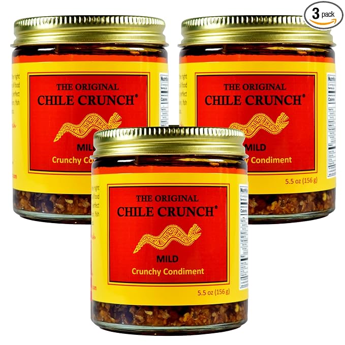 CHILE CRUNCH - Mild Spicy Crunchy Condiment - All Natural Roasted Chili Peppers Garlic &amp Onion Crisp Sauce - Vegan Gluten-Free No Preservatives - Homemade Authentic Mexican Recipe 5.5oz (3 Pack