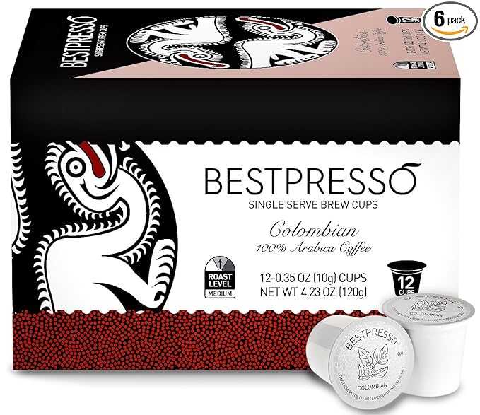 Bestpresso Coffee Colombian Single Serve 72 Count (Compatible with 2.0 Keurig Brewers) 6 packs of 12 cups