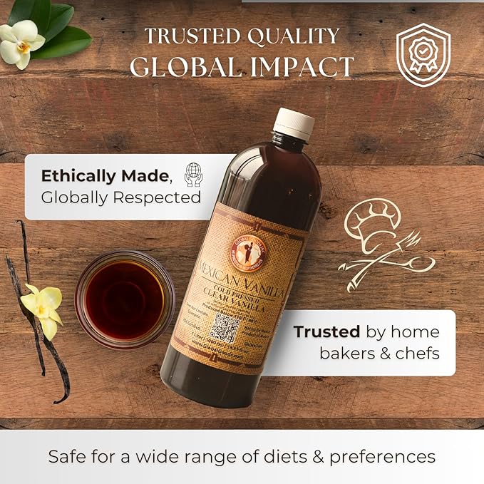 Pure Clear Mexican Vanilla Extract (33.81 fl oz)– Gluten-Free Coumarin-Free Vanilla for Baking Cakes Cookies Coffee &amp Desserts – Cold Pressed Natural Vanilla