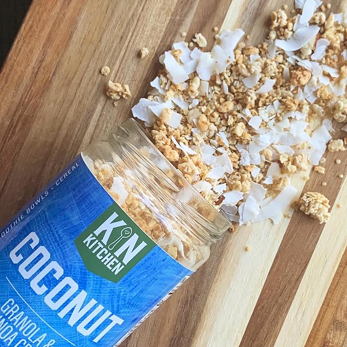 Kin Kitchen non-GMO Granola &amp Organic Quinoa Crisps in a Glass Jar Recyclable and Resusable. Made with Real Fruit. No Aritificial Colors Flavors or Perservatives. Made in USA with Globally Sour