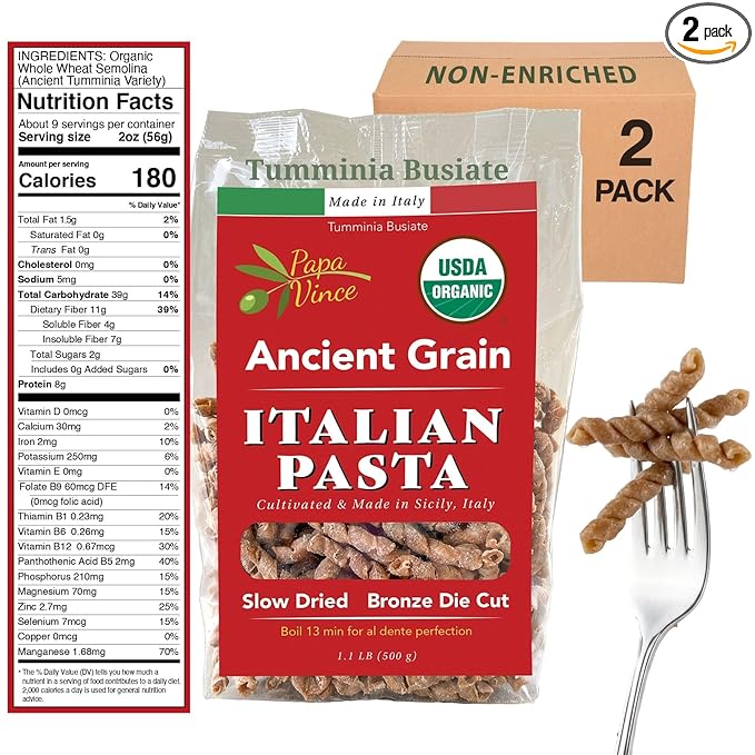 Papa Vince Organic Non Enriched Pasta - Ancient Grain high in fiber high in protein Timilia/Tumminia grown in Sicily Italy. Al dente texture nutty flavor busiate whole wheat that is anything but