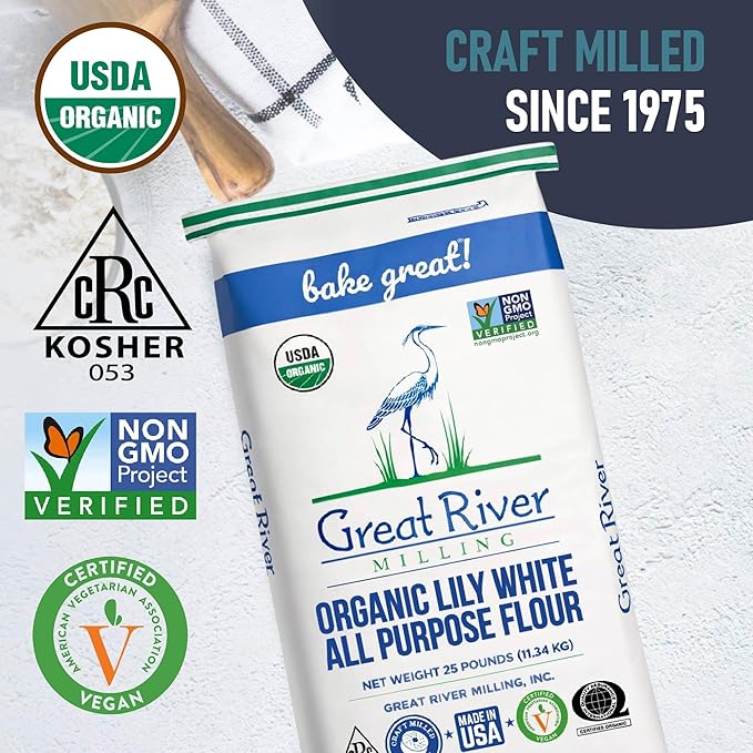 Great River Milling Lily White Organic All-Purpose Flour | Unbleached &amp Unbromated | Non-GMO Kosher | Ideal for Bread Cookies Cakes Pizza Dough &amp Everyday Baking | 25 Lb