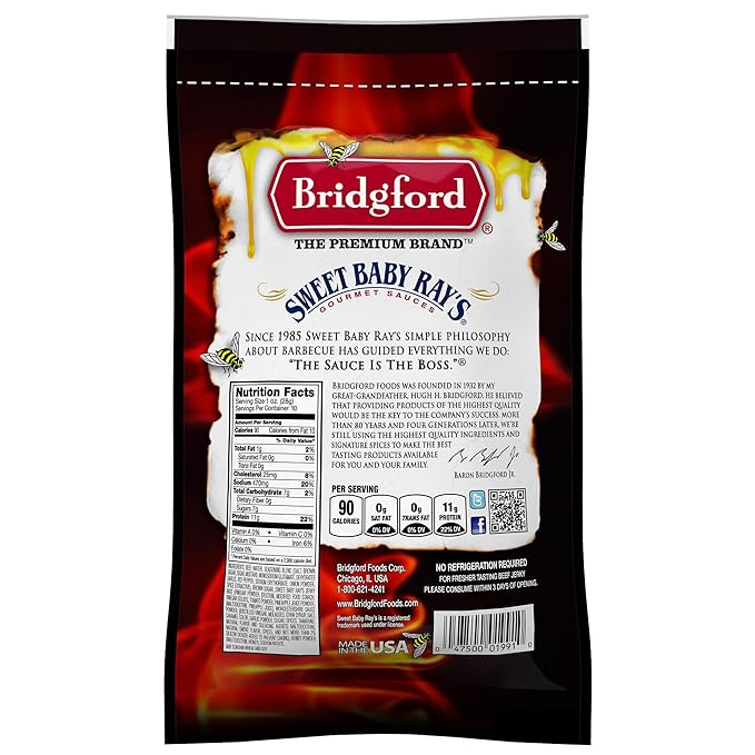 Bridgford Sweet Baby Ray's Beef Jerky Honey BBQ 10 oz Pack of 3 - High Protein Jerky for Midday Energy Boost or Post Workout Snack - Naturally Smoked Ready to Eat Meat Snacks for on the Go Snacking