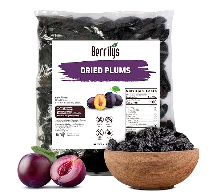 Berrilys Premium Dried Plums 3 lb (48 oz) – Naturally Sweet &amp Juicy Pitted Prunes No Added Sugar Non-GMO Gluten-Free Rich in Fiber &amp Antioxidants – Perfect Healthy Snack &amp Baking Ingre