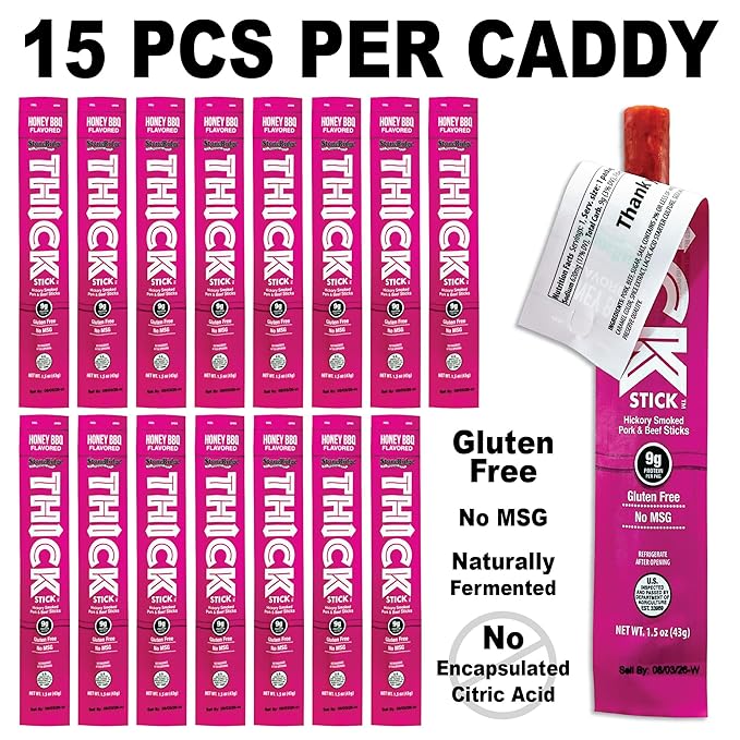 THICK STICK - STONERIDGE OLD-FASHIONED QUALITY HONEY BBQ - Hickory Smoked Pork and Beef Snack Sticks Gluten Free No MSG 15 Count THICK 1.5 oz Sticks High Protein Soy Free 15 Count
